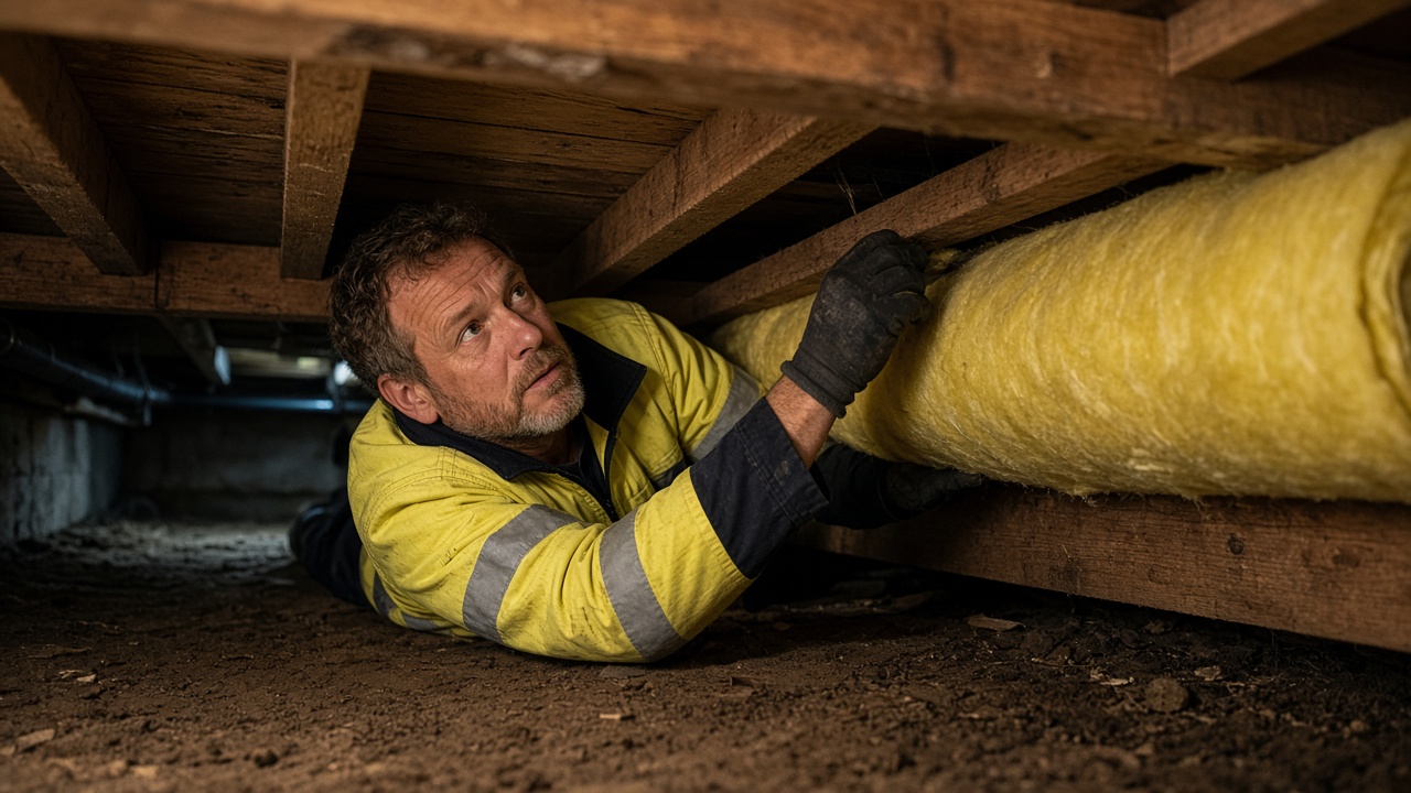 Vakman brengt isolatie aan onder een vloer